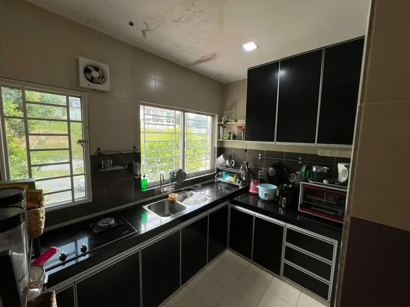 Kitchen features: black laminate cabinetry, black countertop, double-bowl stainless-steel sink, chrome pull-down faucet, built-in microwave, freestanding range oven, toaster, kettle, window with metal grille, tile flooring, ceiling light, exhaust fan, open shelving, decorative items on countertop; style: modern; view: garden.