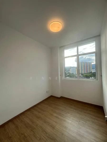 Room features: white painted walls, laminate flooring, single ceiling light fixture, floor-to-ceiling window, city view; view: city.