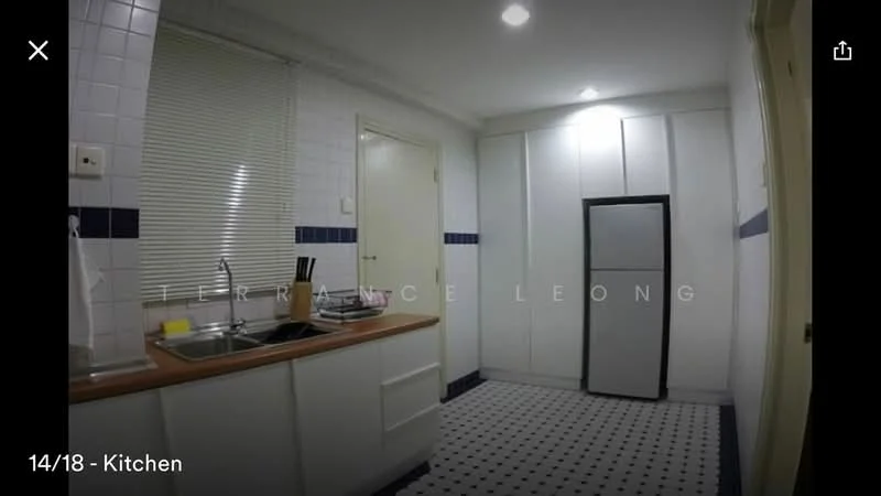 Kitchen features: single-bowl stainless-steel sink, chrome pull-down faucet, wood countertop, white cabinetry, built-in refrigerator, white tiled backsplash, black and white tiled flooring, recessed downlights, window with blinds; style: modern.