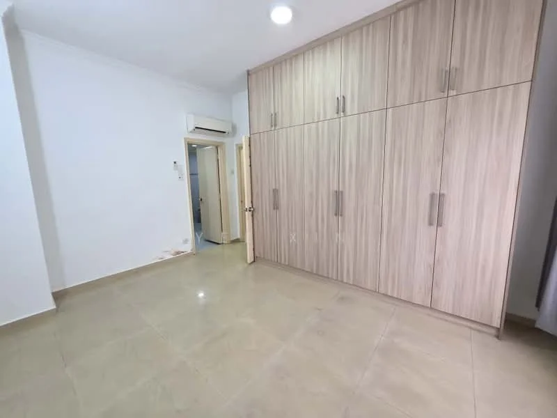 Bedroom features: light-colored wooden wardrobe with multiple doors, cream tiled flooring, white painted walls, ceiling light fixture, wall-mounted air conditioning unit, door leading to another room, window with curtain, neutral color scheme; style: modern.