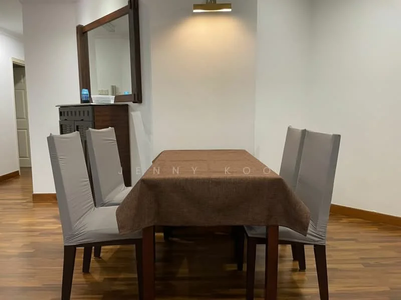 Dining features: wooden dining table, 4 upholstered dining chairs in grey, brown tablecloth, wall-mounted light fixture, mirror above the table, wooden sideboard, laminate flooring, white painted walls; style: modern.