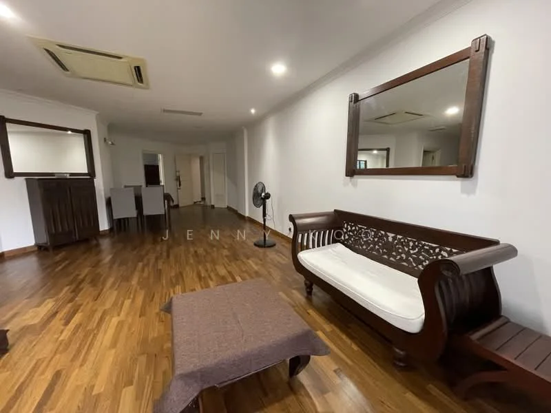 Living features: wooden flooring, white painted walls, recessed downlights, ceiling fan, large wall mirror, wooden sofa with intricate design, coffee table, wooden console table, open layout, air conditioning unit; style: modern.