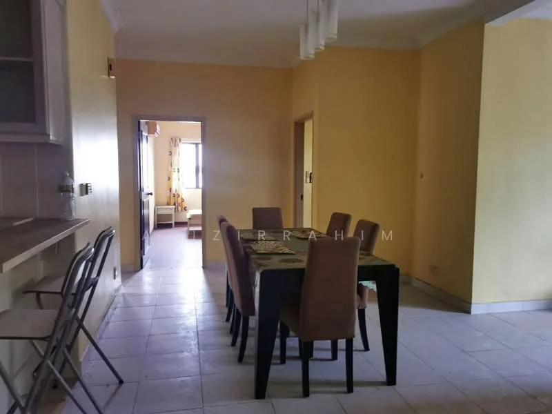 Dining features: dining table with six chairs, yellow painted walls, tile flooring, window with natural light, light fixture on ceiling, open layout to adjacent room, neutral decor, bar counter with stools; style: modern. Room features: doorway to adjacent room, window, light-colored walls, tile flooring.
