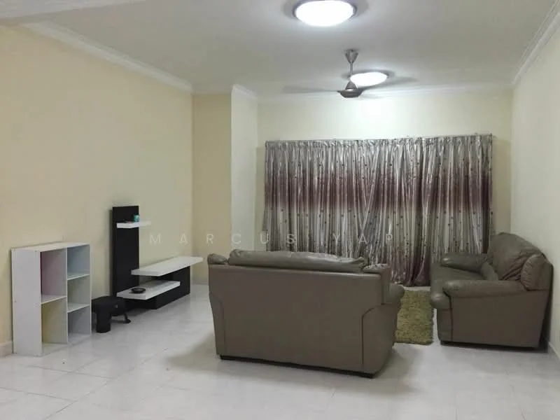 Living features: cream painted walls, white ceiling with crown moulding, 5-blade ceiling fan with light, two-seater leather sofa in beige, three-seater leather sofa in beige, area rug in light color, curtains with a pattern in brown and cream, TV console in white, open shelving unit in white, tile flooring in white; style: modern.