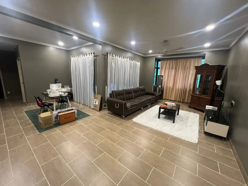Living features: 3-seater leather sofa in dark brown, area rug with geometric pattern in white, coffee table, TV console, wall-mounted TV, floor-to-ceiling windows with sheer curtains, cream curtains, light grey painted walls, recessed downlights, ceiling fan, tile flooring in beige, decorative mirror, wooden cabinet, decorative items on shelves; style: modern.