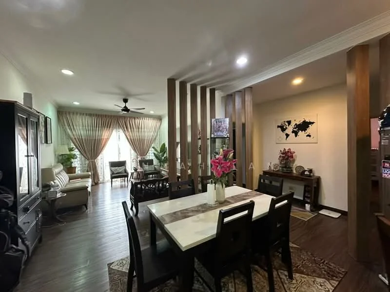Dining features: 6-seater dining table, black dining chairs, decorative vase with flowers, wooden flooring, recessed downlights, wall-mounted artwork, area rug with geometric pattern, open shelving unit, large window with sheer curtains; style: modern; view: garden. Living features: 3-seater fabric sofa, coffee table, TV console, wall-mounted TV, ceiling fan, large window with sheer curtains, potted plants, wooden flooring; style: modern; view: garden.