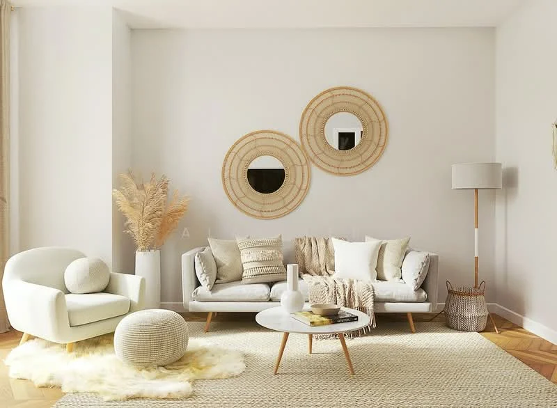 Living features: light grey walls, wooden flooring, white fabric sofa, decorative throw pillows, round coffee table, woven area rug, two round mirrors on wall, floor lamp with white shade, potted decorative plants, textured pouf, woven basket, fluffy throw blanket; style: modern.