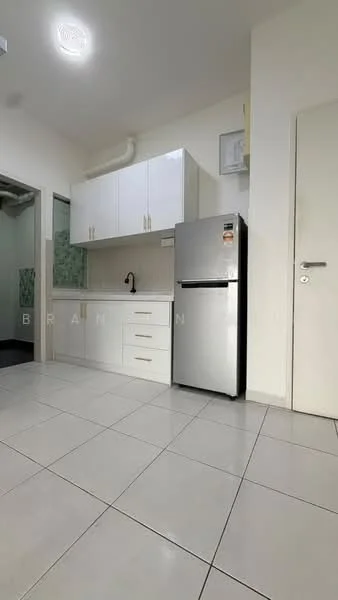 Kitchen features: white shaker cabinets, stainless-steel fridge, single-bowl stainless-steel sink, chrome pull-down faucet, white countertop, ceramic tile flooring, wall-mounted cabinets, tile backsplash, window with sheer curtains, recessed downlights; style: modern.