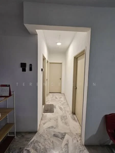 Hallway features: white painted walls, marble tile flooring, ceiling light fixture, two wooden doors, one door with a handle, door frames in beige, doormat, wall-mounted intercom, open shelving unit, neutral color scheme; style: modern.