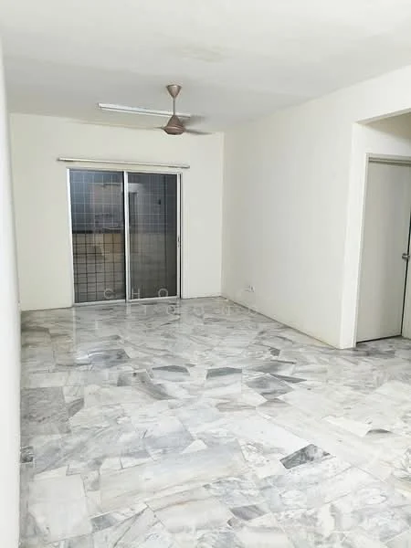 Living features: marble flooring, white painted walls, ceiling fan, sliding glass door, window with security grille, door leading to another room.