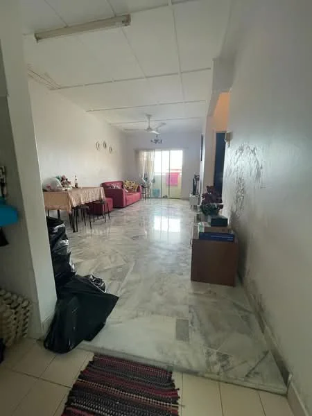 Living features: marble flooring, white painted walls, ceiling fan, sofa in red, dining table with chairs, curtains, sliding glass door, decorative plants, side table, area rug.