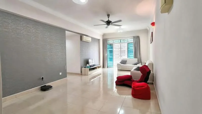 Living features: white painted walls, grey accent wall, polished tile flooring, 5-blade ceiling fan with light, sofa in white fabric, red bean bag chair, TV console, wall-mounted TV, large windows with sheer curtains, natural light from windows, air conditioning unit, decorative wall art; style: modern.