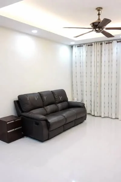 Living features: 3-seater leather sofa in black, side table in dark wood, white painted walls, glossy tile flooring, recessed LED downlights, 5-blade ceiling fan, floor-to-ceiling curtains with pattern, natural light from window; style: modern.