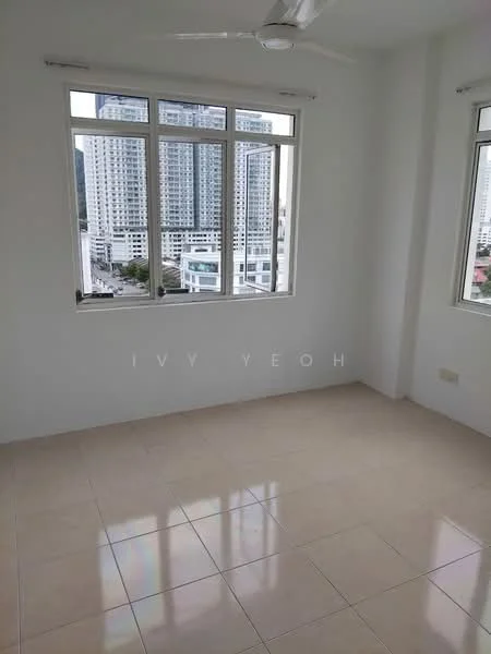 Room features: white painted walls, glossy ceramic tile flooring, floor-to-ceiling windows, city view, ceiling fan; style: modern; view: city.