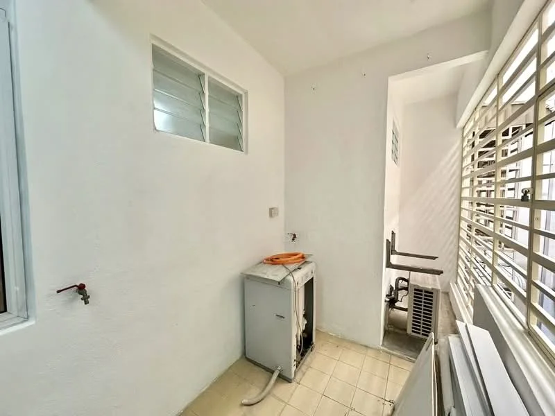 Laundry features: white painted walls, tile flooring, window with horizontal slats, washing machine, wall-mounted air conditioning unit, sink with faucet, light source from window.