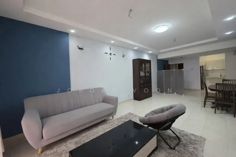 Living features: grey fabric 3-seater sofa, black coffee table, area rug with soft texture, white walls, blue accent wall, recessed downlights, ceiling light, wooden dining table with chairs, glass display cabinet, tile flooring; style: modern.