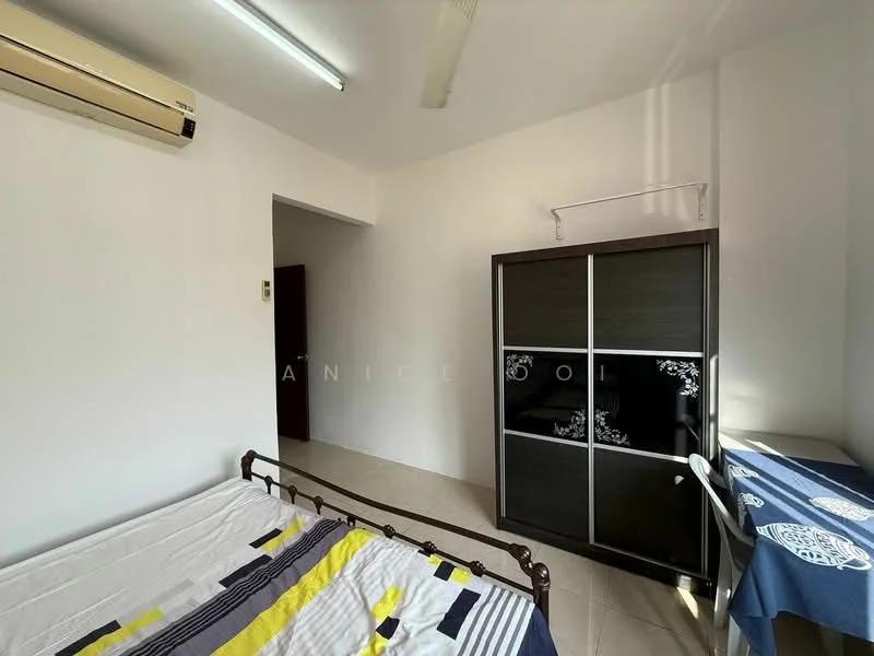 Bedroom features: queen-size bed with white and yellow bedding, built-in wardrobe with sliding doors, study desk with blue tablecloth, wall-mounted air conditioning unit, white painted walls, tile flooring, ceiling light fixture, window with natural light; style: minimalist.