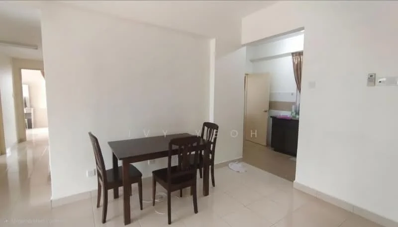 Dining features: 4-seater dining table, wooden dining chairs, cream tiled flooring, white painted walls, natural light from adjacent room, doorway leading to kitchen, neutral decor; style: modern. Room features: cream tiled flooring, white painted walls, doorway leading to another room.