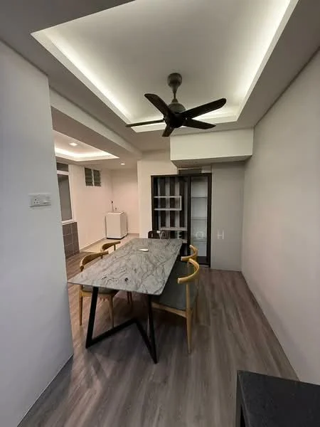 Dining features: marble dining table, 4 wooden dining chairs, 5-blade ceiling fan with integrated LED light, recessed ceiling lights, laminate flooring, white painted walls, built-in cabinet, open layout; style: modern.