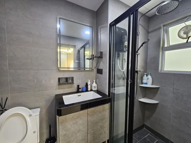 Bathroom features: grey tiled walls, black vanity with sink, chrome basin mixer faucet, framed mirror, glass shower enclosure, rain shower head, handheld shower, toilet, wall-mounted shower controls, shelf for toiletries, window for natural light, recessed lighting; style: modern.