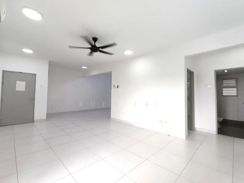 Room features: white painted walls, grey tiled flooring, 5-blade ceiling fan, recessed downlights, door to adjacent room, door to bathroom, air conditioning unit on wall; style: modern.