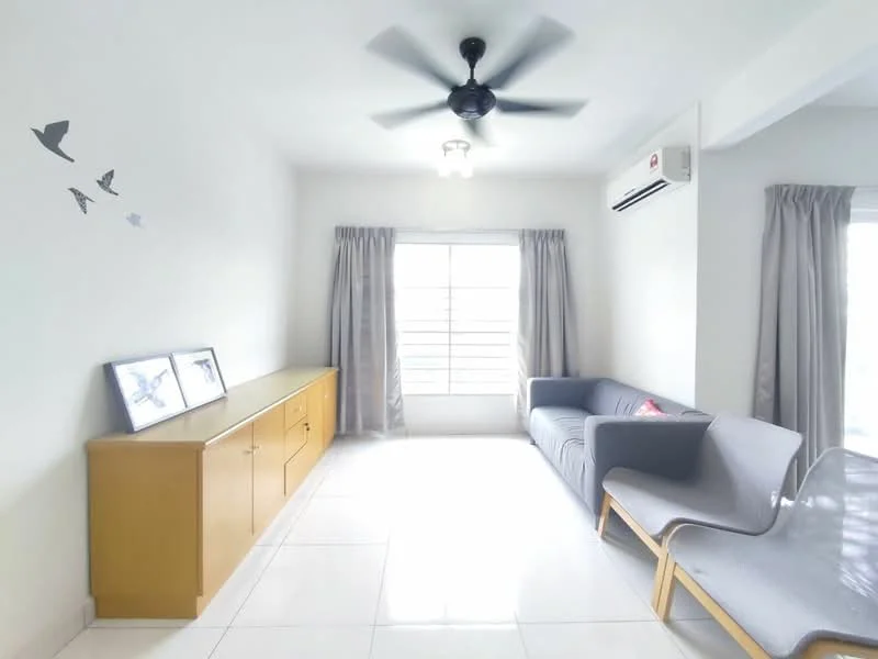 Living features: white painted walls, glossy white tile flooring, 5-blade ceiling fan with light, wall-mounted split AC, large window with horizontal bars, sheer curtains, wooden sideboard, grey fabric sofa, decorative wall art, natural light from window; style: modern.