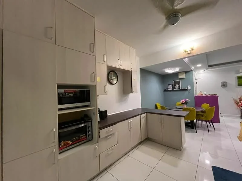 Kitchen features: light wood cabinetry, dark countertop, built-in oven, microwave, kitchen island with seating, white tiled flooring, ceiling fan, wall-mounted clock, recessed lighting, open shelving, decorative wall art; style: modern.
