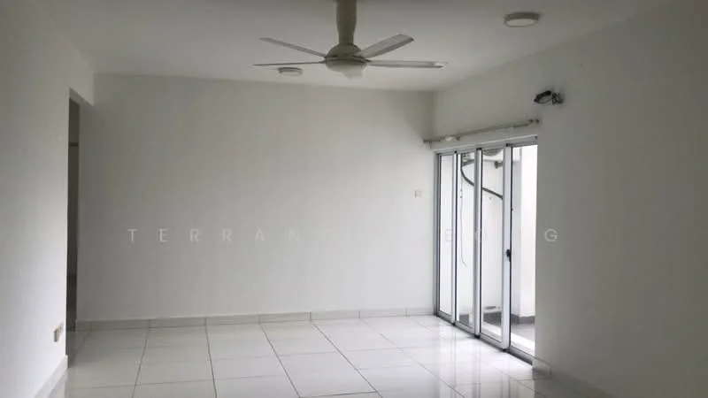 Room features: white painted walls, white ceiling, recessed downlights, 5-blade ceiling fan, sliding glass door, white tiled flooring, natural light from sliding door, open space layout; style: modern.