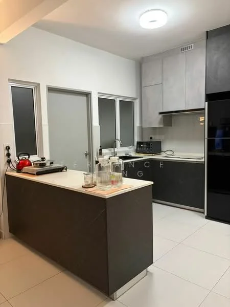 Kitchen features: white quartz countertop, dark wood cabinetry, stainless-steel sink, chrome pull-down faucet, built-in oven, freestanding range oven, microwave, black refrigerator, tile backsplash, pendant lighting, recessed downlights, ceramic tile flooring, floor-to-ceiling windows, open shelving; style: modern.