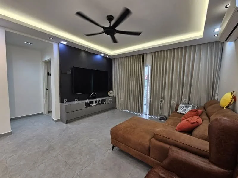Living features: 5-blade ceiling fan with integrated LED light, recessed downlights, wall-mounted TV, TV console in grey, L-shape sectional sofa in brown, decorative cushions in orange, floor-to-ceiling windows with sheer curtains, light grey tiled flooring, feature wall in dark grey, air conditioning unit; style: modern.