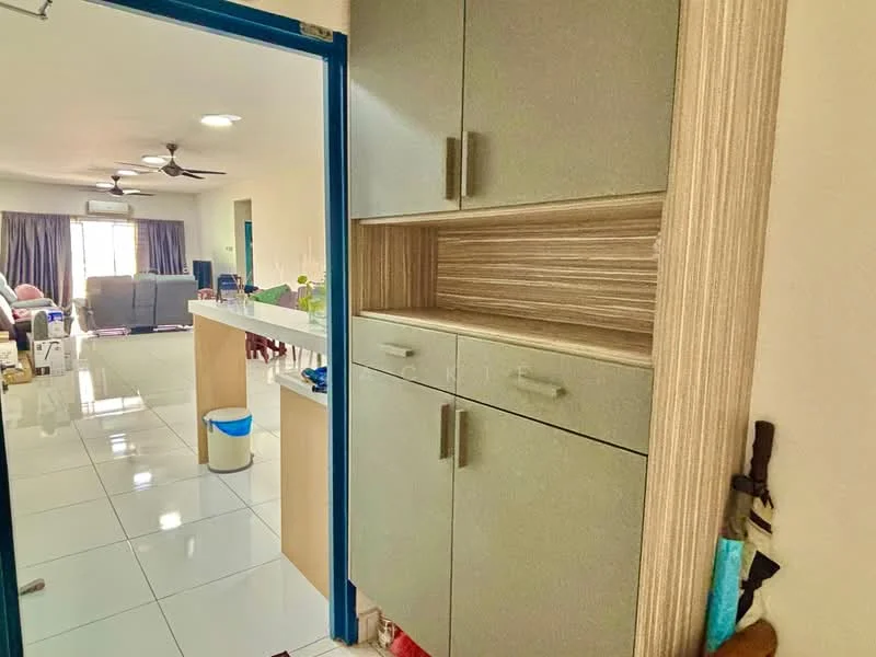 Room features: white tiled flooring, light grey cabinetry, wooden shelving, blue door frame, recessed ceiling lights, ceiling fan, open layout to living area, countertop with bar seating; style: modern; view: living area.
