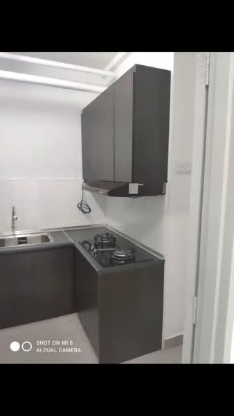 Kitchen features: single-bowl stainless-steel sink, chrome pull-down faucet, black cabinetry, built-in gas hob, exhaust hood, white tiled backsplash, grey countertop, wall-mounted storage, recessed lighting, tile flooring; style: modern.