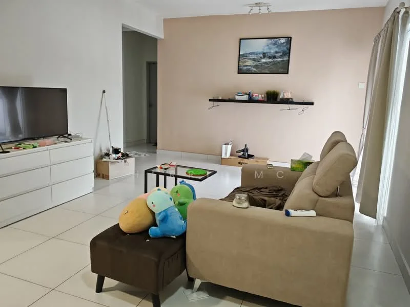 Living features: light beige fabric sofa, 3-seater sofa, brown ottoman, black coffee table, white TV console, wall-mounted TV, white walls, cream painted accent wall, recessed ceiling lights, floor-to-ceiling windows with sheer curtains, decorative wall shelf, ceramic tile flooring; style: modern.