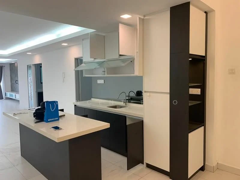 Kitchen features: white quartz countertop, black cabinetry, white upper cabinets, stainless-steel sink, chrome pull-down faucet, built-in oven, stovetop with hood, open shelving, tile flooring, recessed downlights, kitchen island with seating, grey backsplash; style: modern.