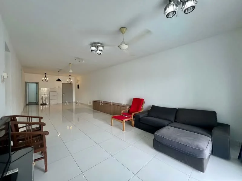 Living features: white painted walls, glossy white tile flooring, 5-blade ceiling fan with light, 3 pendant lights, sofa in dark grey fabric, red armchair, wooden coffee table, wooden armchair, TV console, large windows with natural light; style: modern.