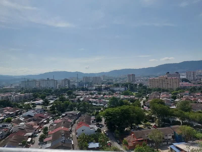 Exterior type: high-rise condominium; features: city skyline view, surrounded by residential areas, mountain backdrop, urban landscape, greenery in foreground, varied building heights, mixed-use development; style: modern.