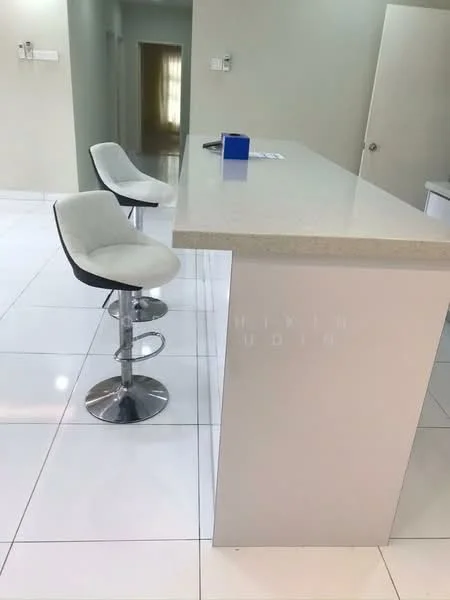 Kitchen features: white quartz countertop, bar stools with chrome base, white glossy cabinetry, white tiled flooring, neutral wall color, open layout, pendant lighting, kitchen island; style: modern.