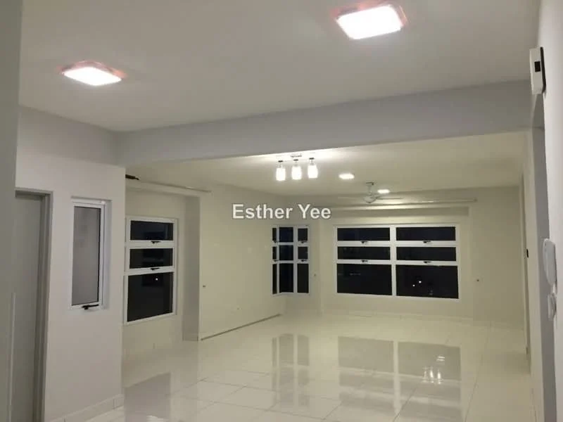 Living features: white painted walls, glossy white tile flooring, recessed LED downlights, ceiling fan, large windows with multiple panes, open layout, neutral color scheme, no visible furniture; style: modern; view: city.