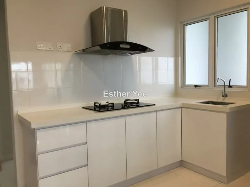 Kitchen features: white cabinetry with flat-panel doors, stainless-steel range hood, gas hob with two burners, single-bowl stainless-steel sink, chrome pull-down faucet, white tiled backsplash, white countertop, light-colored tiled flooring, two windows providing natural light; style: modern.