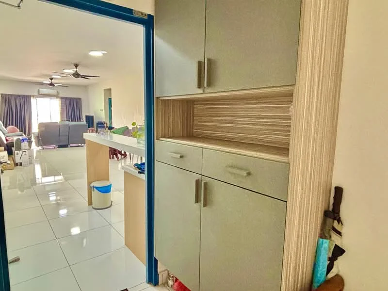 Room features: white tiled flooring, light grey cabinetry, open shelving, countertop, blue door frame, recessed ceiling lights, ceiling fan, curtains, living area visible in background; style: modern.