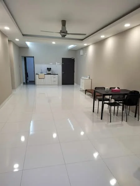 Living features: white painted walls, polished ceramic tile flooring, recessed LED downlights, 5-blade ceiling fan with light, open kitchen layout, dining table with black chairs, kitchen cabinetry, countertop, doorway to kitchen, neutral color scheme; style: modern.