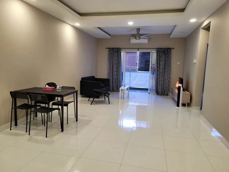 Living features: white painted walls, glossy white tile flooring, recessed ceiling with LED lights, 5-blade ceiling fan, floor-to-ceiling windows, sliding glass door, curtains, black fabric sofa, white coffee table, dining table with 4 black chairs, TV console, decorative lamp; style: modern.