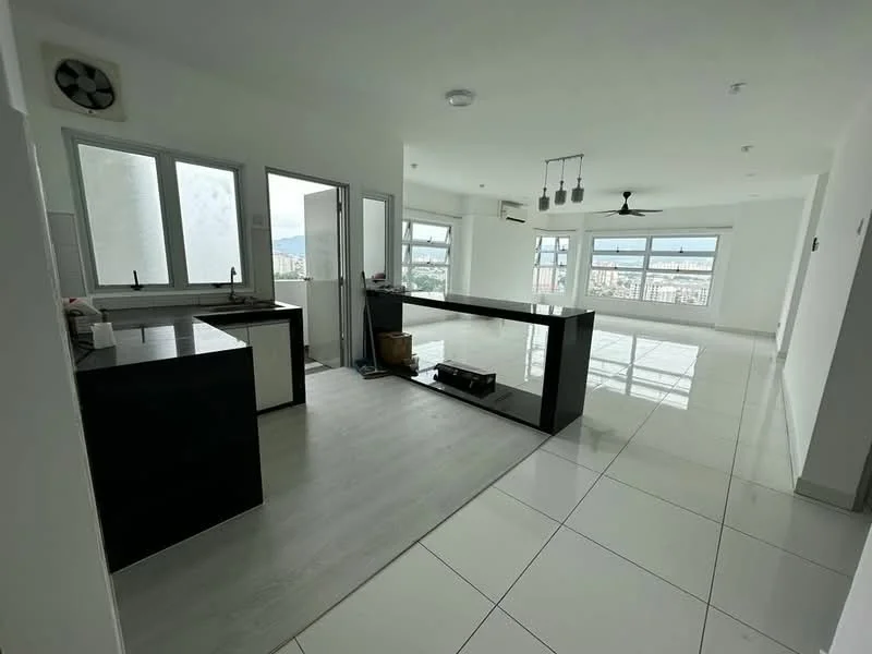 Kitchen features: black countertop, white cabinetry, single-bowl stainless-steel sink, chrome pull-down faucet, built-in oven, 4-burner gas hob, exhaust hood, tile backsplash; style: modern; view: city. Living features: large floor-to-ceiling windows, sliding glass door, white walls, light grey flooring, ceiling fan, recessed downlights, open layout; style: modern; view: city.