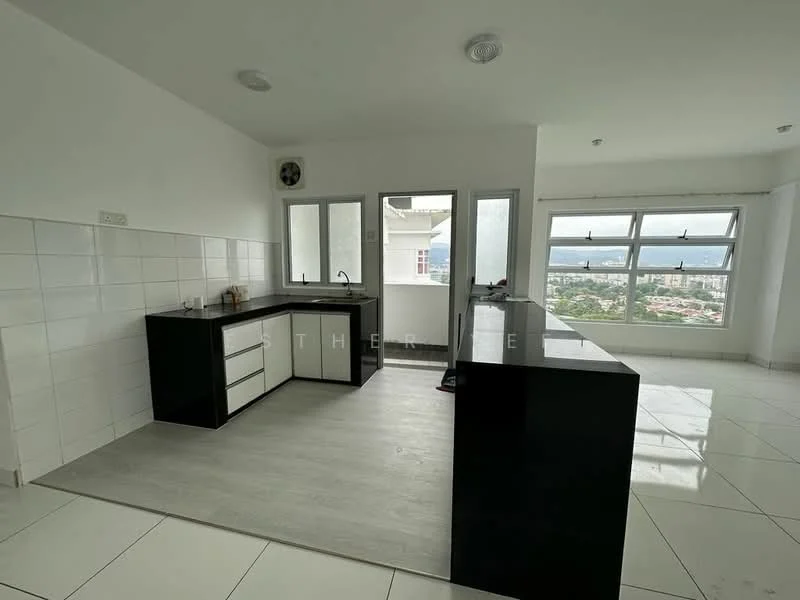 Kitchen features: black countertop, white cabinetry, single-bowl stainless-steel sink, chrome pull-down faucet, ceramic tile backsplash, white tiled walls, grey vinyl flooring, floor-to-ceiling windows, recessed downlights, open layout, pantry space; style: modern; view: city.