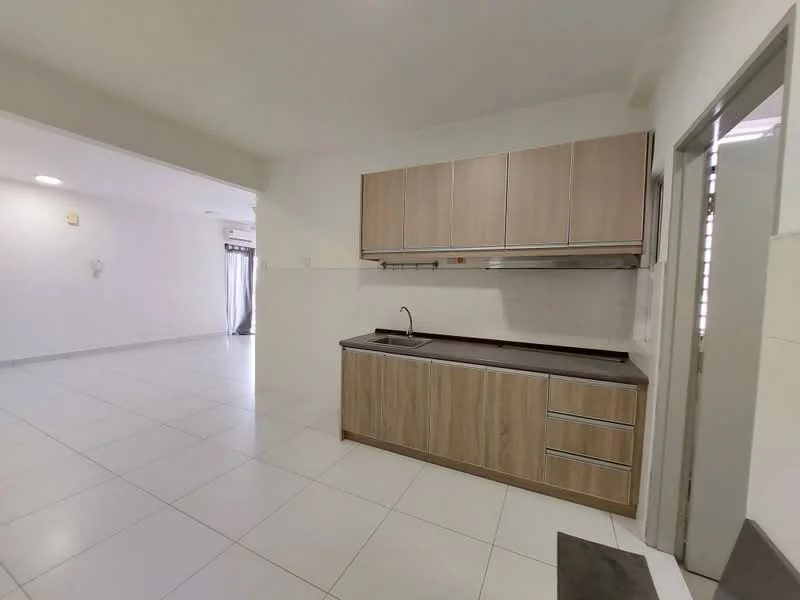 Kitchen features: laminate cabinetry in light wood finish, black countertop, single-bowl stainless-steel sink, chrome pull-down faucet, ceramic tile flooring, white tiled walls, built-in upper cabinets, lower cabinets with drawers; style: modern. Room features: white walls, ceramic tile flooring, natural light from windows, open layout to living area.