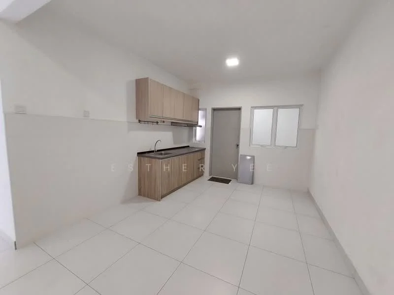 Kitchen features: white painted walls, tile flooring, wooden cabinetry, black countertop, single-bowl stainless-steel sink, chrome pull-down faucet, built-in kitchen cabinet, window with white frame, door leading to outside, recessed ceiling light; style: modern.