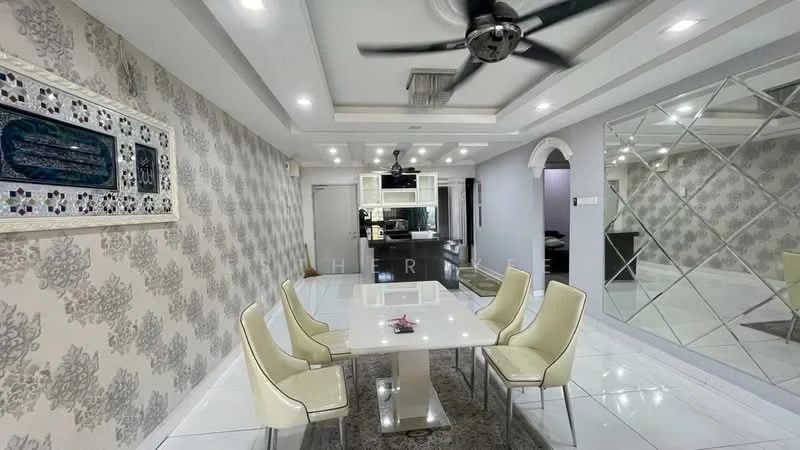 Dining features: white glossy dining table, 4 upholstered dining chairs in cream, decorative wall with floral pattern, mirror wall panel, recessed ceiling lights, 5-blade ceiling fan with light, white tiled flooring, wall-mounted artwork, open layout to kitchen, neutral wall color; style: modern. Room features: kitchen area visible in background, dark cabinetry, countertop with bar seating.