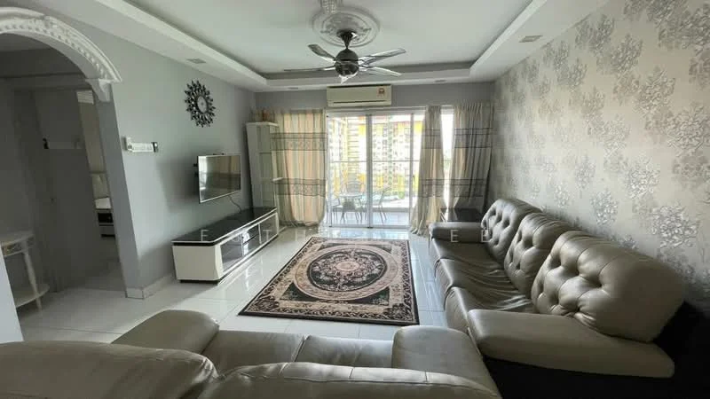 Living features: 3-seater leather sofa in beige, 2-seater leather sofa in beige, coffee table, TV console, wall-mounted TV, area rug with intricate pattern, ceiling fan with light, floor-to-ceiling windows, curtains, decorative wall with floral pattern, white painted walls, white tiled flooring; style: modern; view: city.