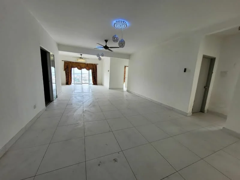 Living features: white painted walls, marble tile flooring, tray ceiling with recessed lighting, 3-blade ceiling fan, large windows with city view, curtains in brown fabric, sliding glass door, open layout; style: modern; view: city.