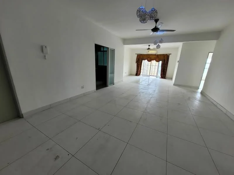 Living features: white painted walls, white ceiling, tile flooring, 5-blade ceiling fan, chandelier, large windows, curtains, open layout, natural light; style: modern; view: city.